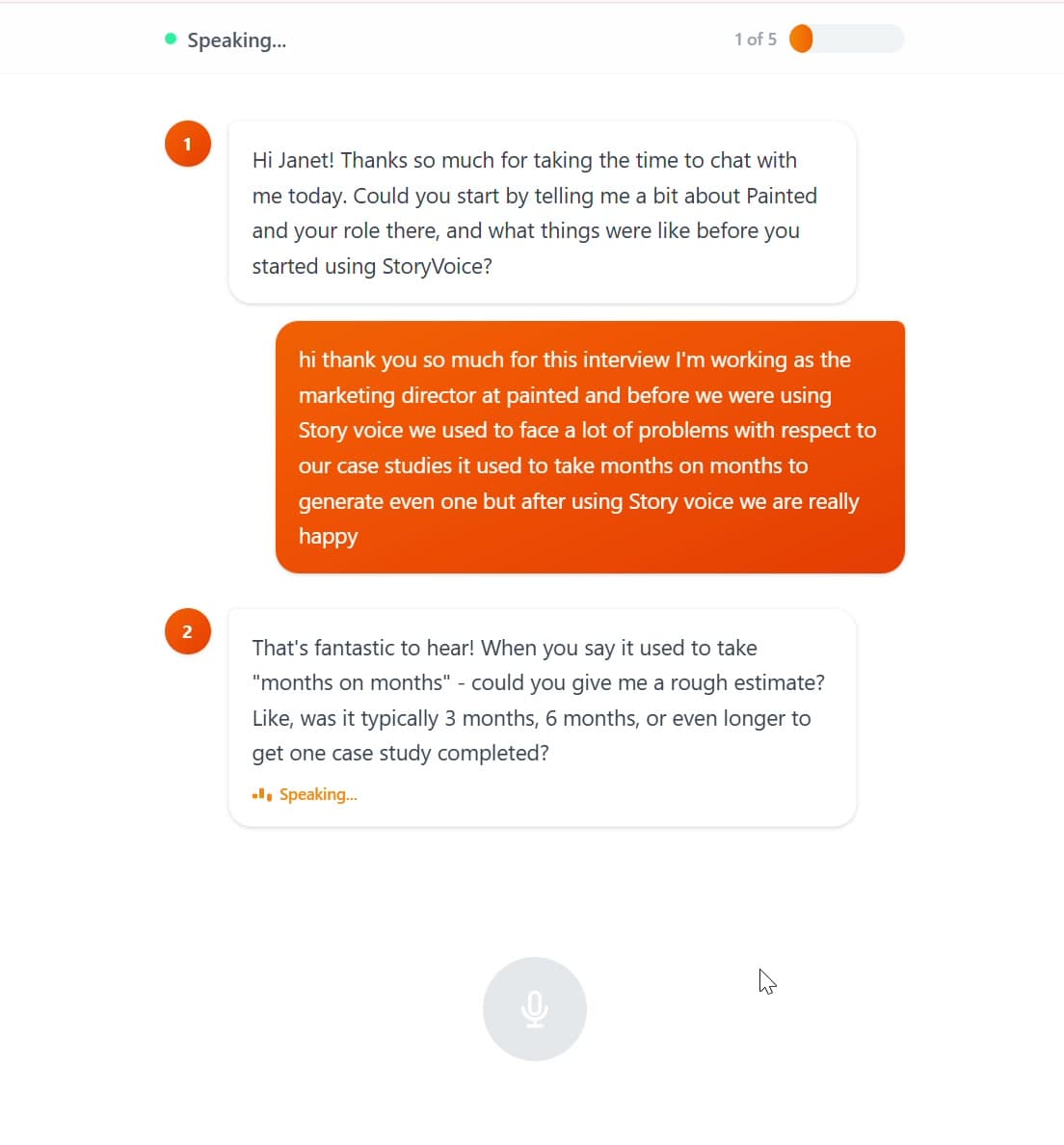 StoryVoice voice interview UI showing the live transcript appearing as the customer speaks
